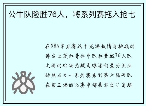公牛队险胜76人，将系列赛拖入抢七