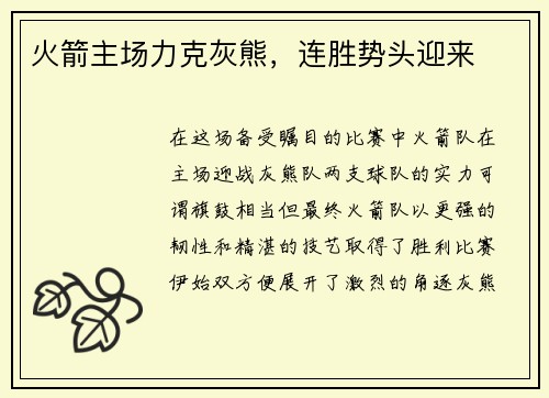 火箭主场力克灰熊，连胜势头迎来