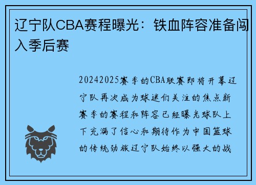 辽宁队CBA赛程曝光：铁血阵容准备闯入季后赛